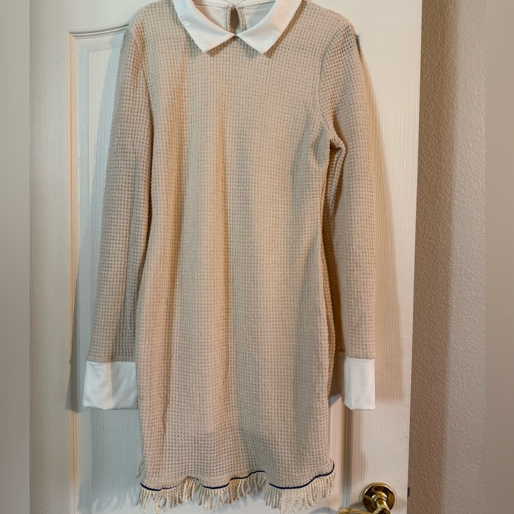 Cream Long-Sleeve Waffle Knit Dress with White Collar and Fringes